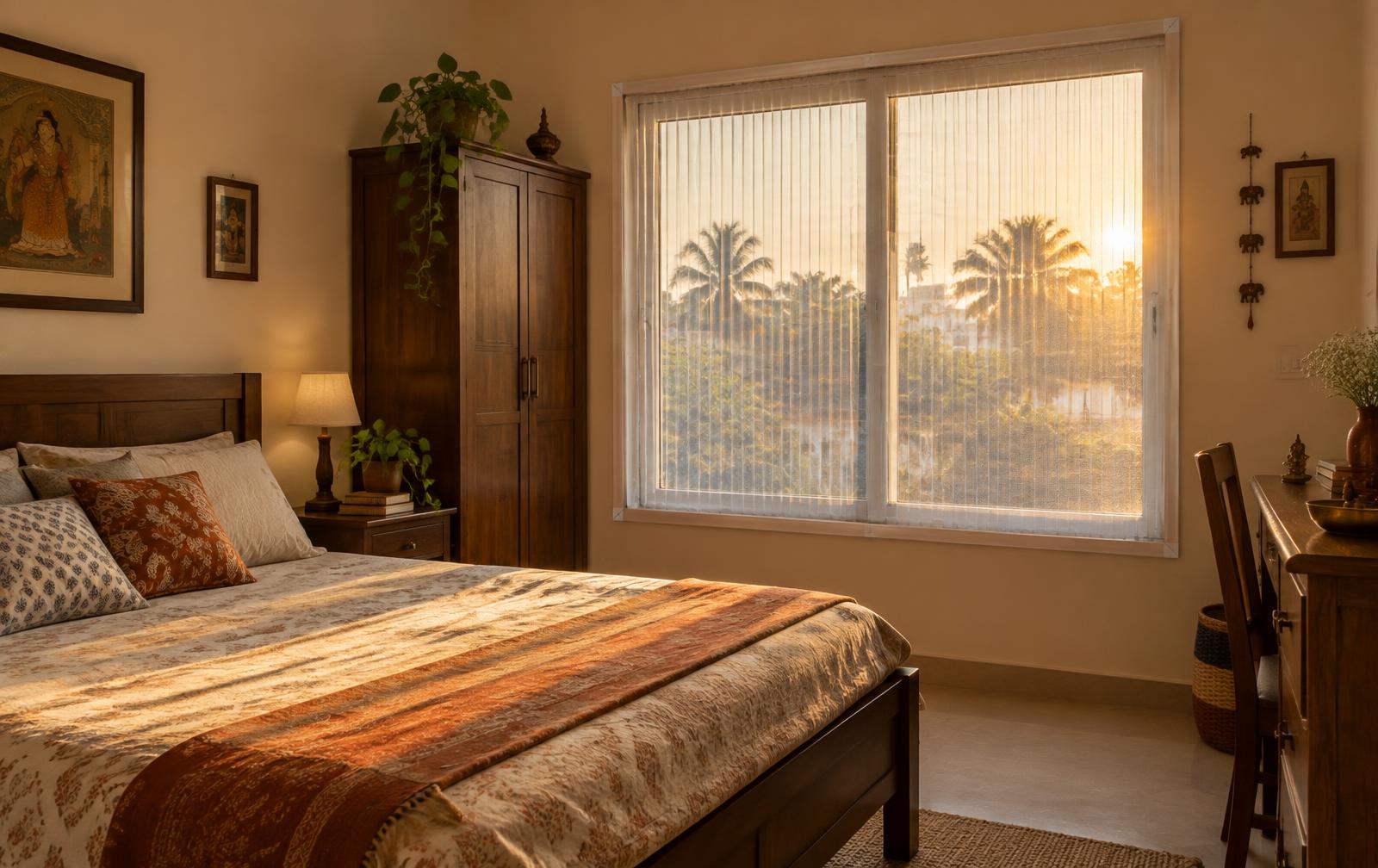 Bedroom window with pleated mosquito net
