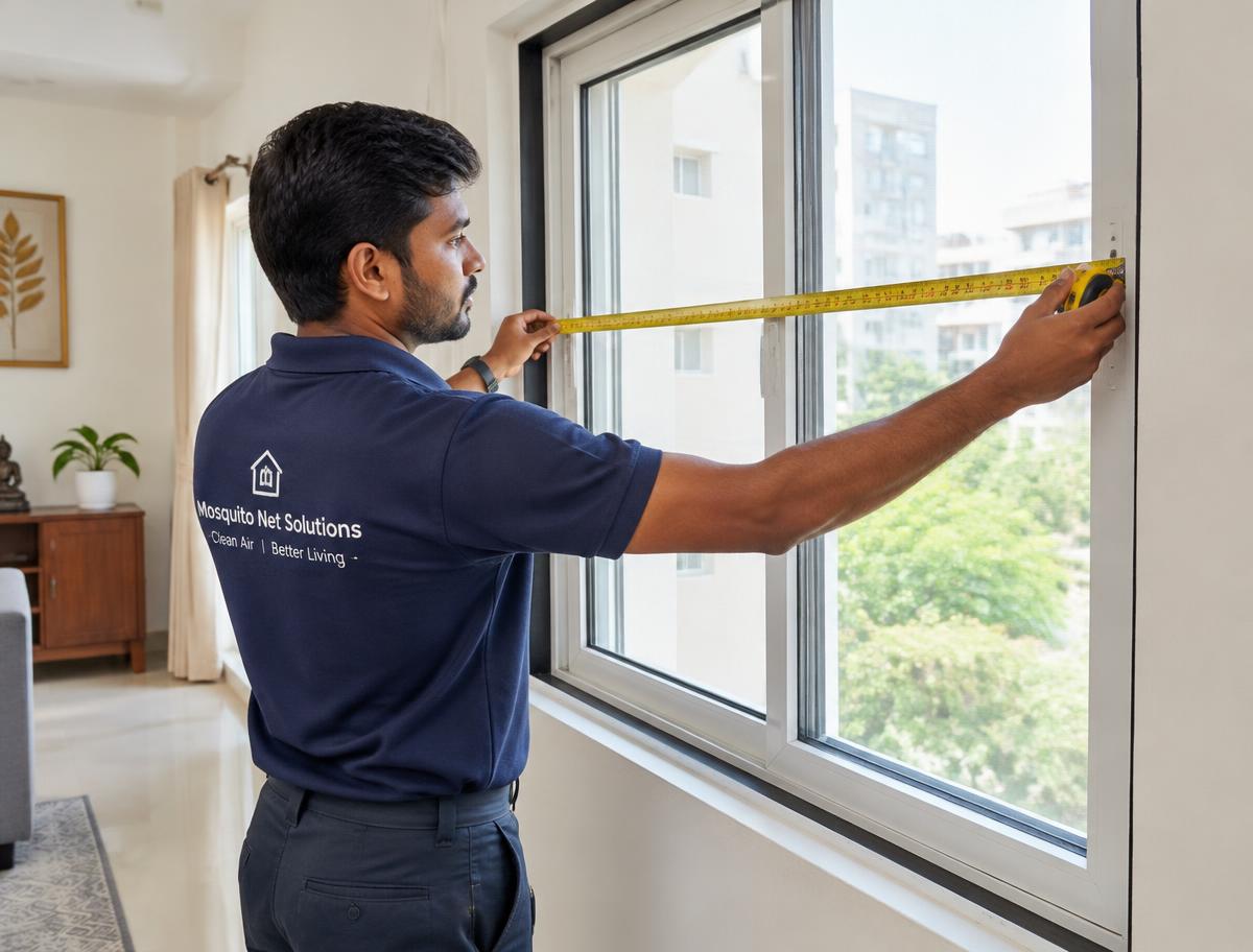 Technician measuring a window for a mosquito net